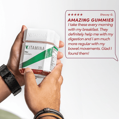 Customer review about Vitamina Fiber Gummies from Stacey G: Five Stars. Amazing Gummies. I take these every morning with my breakfast. They definitely help me with my digestion and I am much more regular with my bowel movements. Glad I found them! 